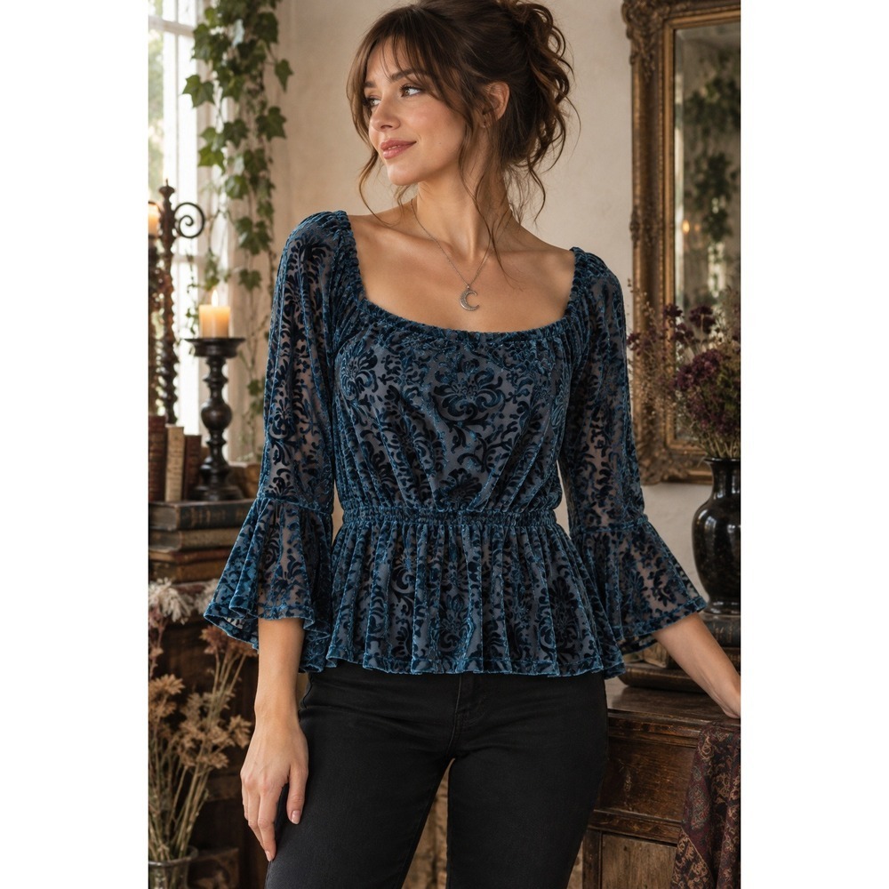 Burnout Velvet Peplum Top M Teal Gothic Whimsigoth Bell Sleeve Renaissance